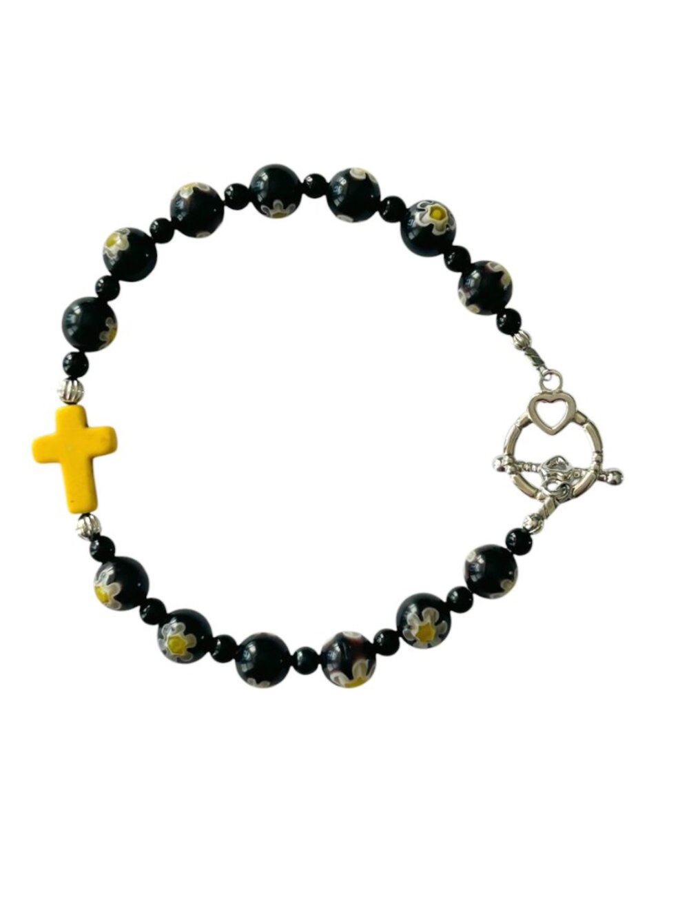 ARTISAN Cross bracelet Black and yellow Floral Glass beads Toggle clasp